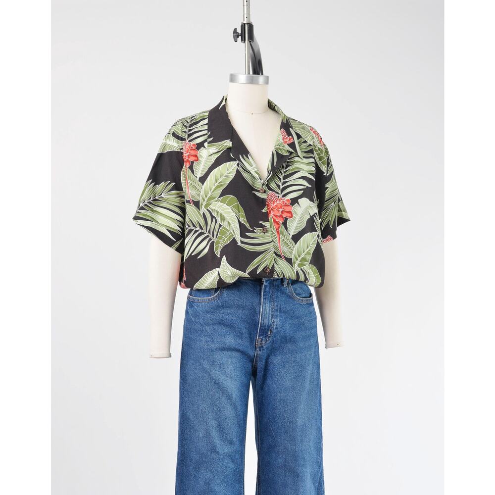 Vintage 90s Hawaiian Shirt Tropical Floral Blouse Black Aloha Button Up 1X 2X - Picture 3 of 7